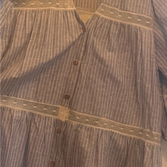 Women’s Blue and Cream Pinstriped Tunic Blouse with Lace Trim - Picture 2 of 5